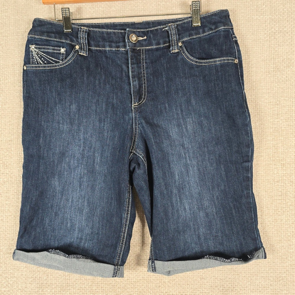 Christopher & Banks Womens Size 10 Dark Wash Embroidered Bermuda Denim Shorts